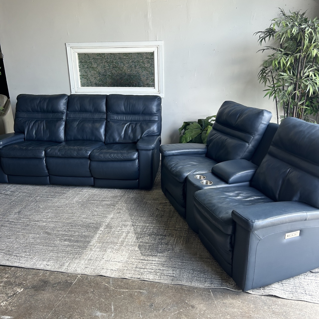 Blue Leather Recliner Set - Image 11